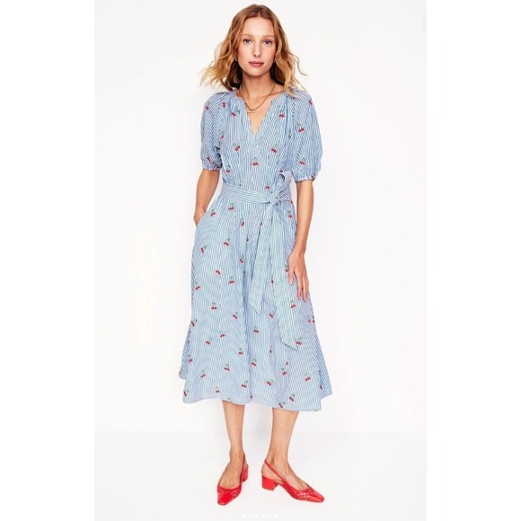 Boden Dresses & Skirts - Boden Bria Embroidered Seersucker Cherry Embroidered Midi Dress V-Neck Pockets